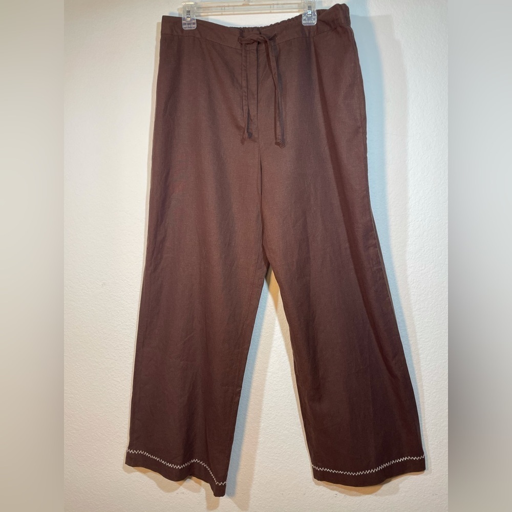 Brown Linen pants size 1X with drawstring Coldwater Creek wide leg lagenlook